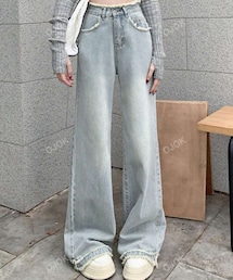 SHIEN | ハイウエスト フリンジ フレア レッグ スリミング 万能レディースジーンズ(パンツ)