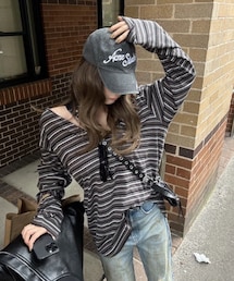 lilful | オーバーサイズボーダーヘンリーネックロンT(Tシャツ/カットソー)