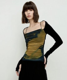 SHEIN | ROEYWANG プリント入りメッシュ素材 オフショルダー(Tシャツ/カットソー)