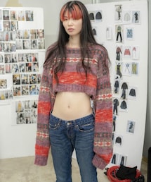 PERVERZE | Blend Border Top and Scarf / Pink(ニット/セーター)