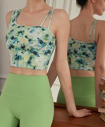 ZOMIGEN | ZOMIGEN｜アシメトリースポーツブラ ヨガピラティス バック見せ　グリーン柄　S(キャミソール)