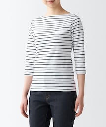 無印良品 | ストレッチフライス編みボートネック七分袖Ｔシャツ(Tシャツ/カットソー)