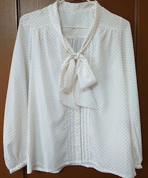 one way | ドット柄 長袖 シアー ボウタイ ブラウス ホワイト(シャツ/ブラウス)