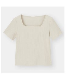 GU | リブスクエアネックコンパクトT（半袖） ベージュ(Tシャツ/カットソー)