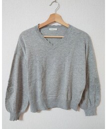 earth music&ecology | 刺繍入り 長袖 薄手 ニット グレー(ニット/セーター)