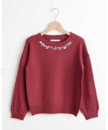 MAJESTIC LEGON | キラキラビジュー付 長袖 薄手 ニット ボルドー(ニット/セーター)