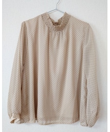 no brand | ドット柄 ボリューム袖 長袖 ハイネック ブラウス ベージュ(シャツ/ブラウス)