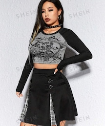 SHEIN | ROMWE Grunge Punk スカル & 花グラフィック ラグランスリーブ Tシャツ 12640941(Tシャツ/カットソー)