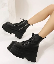 SHEIN | レディース ジップ サイド レースアップ フロント ウェッジ ブーツ、パンク ブラック アンクル ブーツ 14103053 CN36(ブーツ)