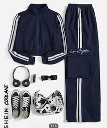 SHEIN | SHEIN Coolane コントラスト縞模様 サイド ジャケット & フラップポケット カーゴパンツ 12360318(セットアップ)