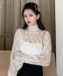 SHEIN | 無地柄 ラッフルスリーブ シアー レース トップス 11699635(トップス)