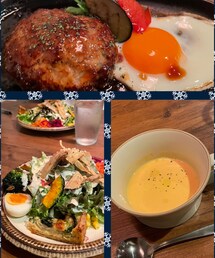 うさこのスウィーツ同盟会 | メインはペッパーハンバーグ✨️あとは、にんじんのポタージュと、サラダ&キッシュのセット。サラダ1人前がホントにボリュームたっぷりで。素揚げの野菜やグリルしたブロッコリーなど具だくさん🥗これだけで、かなりおなかいっぱいになったので、ハンバーグは半分、ご飯は2/3が、主人の元へと旅立ちました‪𐤔𐤔‬(その他)