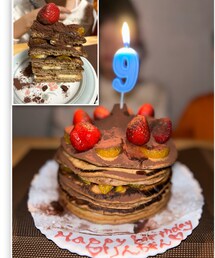 うさこのスウィーツ同盟会🍫🥞② | 👦🏻👧🏻👩🏾‍🦰の努力の結晶の不恰好な五重のチョコパンケーキ🍫🥞 フルーツ沢山🍌🍊🍍🍑🍓生クリーム苦手な👧🏻の為にクリームなし🍫生地美味しかった😋 リンリン気に入ってお代わりまでしてた😳‼️👦🏻の生地混ぜる時🥣 ͗ ͗の美味しくなあれ！美味しくなあれ！のおまじないが効いたみたい🪄(ラッピングキット)