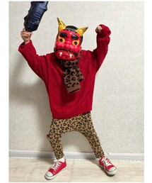 赤鬼👹 | 🐯ではなく🐆柄な赤鬼さん👹 お面👹はDAISO 金棒は👦🏻がペットボトルで代用できると案出してくれた💡本当はお茶のペットボトルを持ってる😝金棒は作る時間なくて合成😅(ラッピングキット)