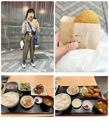 👧🏻とランチ🍽 | 商店街のお肉屋さんの串カツとコロッケ食べ歩き😋 ~のこのボリュームランチ🍽 ご飯普通盛りなのに大盛😅全部食べきれず🥹 リンリンはカキフライ、私ブリの唐揚げ、お刺身定食。美味しかった😋(ラッピングキット)