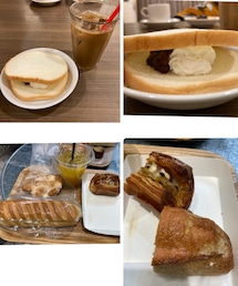 うさこのスウィーツ同盟会 | 少し前の高校時代の友人とモーニング＆ランチ 上:小倉ホイップ🥪、アイスコーヒー、左下: BOUL'ANGEの塩クロッカン、ミルククリームヴィエノワ、オレンジジュース、右下:ウインナーとしそのディッシュ、明太子フランスパン どれも美味しかった😋(その他)