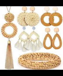 SHEIN | Xiacheng ラタン ネックレス イヤリング ブレスレットセット  ボヘミアンスタイル バングル 腕輪 夏用 １,325円(ネックレス)