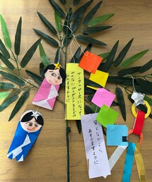 🎋短冊の願い事 | 願い事は👦🏻に聞いて私が書きました😆優男だ🥹✨織姫、彦星のお顔描いたり折り紙で折ったり五色飾り等も糊で貼ったり頑張りました👏(その他)
