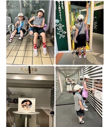 科学館おやこーで🏁 | 👩🏻:さりちゃんとイロチの付けフリルを腰につけたよ🖤 👧🏻👦🏻❤️🤍🧦黒🩳で姉弟リンク🔗 科学館楽しかった♡(ラッピングキット)
