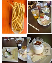うさこのスウィーツ同盟会🍟🍮🍰 | 左上:うなぎパウダー入りロングポテト🍟鰻は分からなかった∈(ﾟ∈∋ﾟ)∋右上:The Oceanホテルのカフェにて☕旦那さんうずらの🍮と👦🏻ストロベリーカスタード🍮左下:👧🏻ガトーショコラ、👩🏻ほうじ茶🍮ほうじ茶ゼリー入り濃厚で美味しかった😋(ラッピングキット)