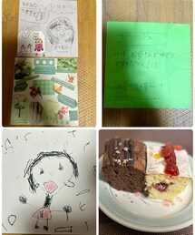 👧🏻👦🏻からの🎁と🍰 | 左下:👦🏻作 スカートから手が出てホラー😱と思ったらワンピースで黒いのが首らしい💦首長い😂さらにホラー😱字がまだ書けずママおめでとうと書いてるつもりとの事😆来年は書ける様になるかな🥹👧🏻は私の事よく見てる🥹(ラッピングキット)