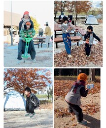 お友達の一眼レフで撮影📸おやこーで👧🏻👦🏻 | BBQサイトにて🥩🔥 親子、縄跳びの写真はお友達の一眼レフにて📸アウター中綿ジャケットver.💚👦🏻初ホッピング🐇 右上:👧🏻👦🏻落ち葉合戦🍂 左下:縄跳び練習中👦🏻 右下:🔫 シャボン玉🫧お尻🍑😆(ラッピングキット)