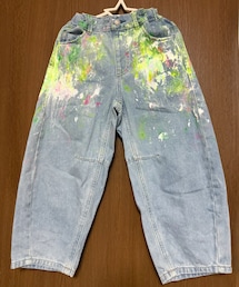 リメイクデニム👖 | ちゃんまつさん作 オーダーメイド💡GUバレルレッグジーンズ👖120cm ブリーチ＆ペイント🎨リメイク💝(デニムパンツ)