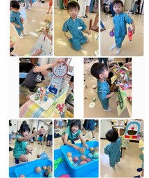 夏祭り🏮👘✨ | 私はヨーヨーつり係 何とか開店に間に合った🙆‍♀️✨️焼きそば、唐揚げ、たこ焼き、フランクフルト、飲み物もあり😋 👦🏻わなげ1回でコアラのマーチ🐨に命中◎くじ引きはたべっ子どうぶつ当たり、ボール投げは難しくてミニオンに🍌の棒を直接入れてた😆呪術廻戦のバスボールもらい昨日、今日お風呂に入れて堪能🛁ビンゴで👦🏻水鉄砲もらい大満足🙆‍♀️(ラッピングキット)