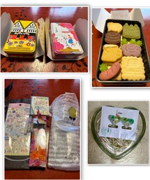 ジルちゃんからのプレゼント達💝 | 左上:サブレミッシェルのヴォヤージュサブレ🇩🇪🇫🇷 右上:🇩🇪の中身🍺🏰 優しい味で美味しい😋 左下:すみっコぐらし好きな👧🏻に💝 👩🏿🦰に🌹ハンドクリーム 良い香り☺️✨️ 右下:名古屋城の路面店でイロチイヤリング買ってくれた💚💝本当にありがとう❤️🔥ジルちゃん大好き💓(ラッピングキット)
