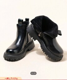 SHEIN | GIRLS PUレザーサーマルライン入りサイドゴアブーツ ブラック、内側ファー、ジッパー付き EUR29(JP18cm)(ブーツ)