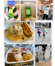 うさこのスウィーツ同盟会🍄🍝🍹 ➕α | 左上:なまらスパークリングめろんソーダ🍈🫧北海道うまいもの館にて👦🏻チョイス 右上:運動会抽選会で卓上電動扇風機当たったよ👏真ん中右:👧🏻👦🏻トラジャリンク🔗 真ん中左:運動会後👧🏻の体操教室仲間家族15人でCats-Café🐱でランチ🍽私はいろいろきのことベーコンのカルボナーラ🍄🥚🍝🧄トースト付き🤭左下:👦🏻の🍛右下:東京クラフトコーラ スパイシー😋(その他)