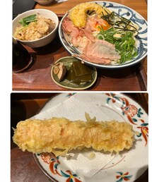 昨日のランチ🍽 | 冷生醤油うどん定食 👦🏻かぼちゃの天ぷら気に入りお代わりしたかったけどランチ限定で追加できず代わりに海老竹輪天に🍤○ 👧🏻はおばあちゃんとお出かけして来ず😅(ラッピングキット)