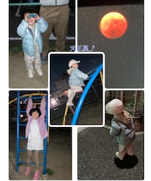 皆既月食鑑賞🌔 | 左下:👧🏻グレーパーカーワンピにレオパ🐆レギンスに💗レオパサンダル😆右上:皆既月食🌘と天王星💙(お友達パパさんの🎥ズーム20倍)左上、真ん中、右下:👦🏻コンバース👟ver. 撮影ではキツいと言われ👟チェンジ💦(その他)