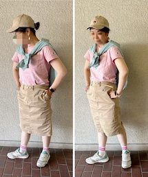 👩🏾‍🦰もロゴまつり参加🏮 | 実母撮影📸パターゴルフ⛳️コーデ🏌️‍♀️  FRUIT OF THE LOOMの🧢、しまむら💚👔肩掛け、ChampionロゴTシャツ、スカート、DAISO🧦、New Balance👟 ぬくもりの森で出逢ったハンドメイドレザーイヤリング💎 1KK1-013くん所のことちゃんから頂いたPEZトートバッグ持参したのに撮影の時忘れてたぁ😭(その他)