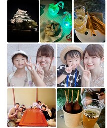 想い出💝 | 夜の名古屋城✨ 味噌串カツと🍺最高❤️🔥電球ジュース、手羽先の唐揚げ、ハイボールとフライドポテト、ランチの個室で集合写真📸 👧🏻👦🏻ライブ後のジルちゃんとツーショット喜んでた💝想い出沢山で載せきれず😅(ラッピングキット)