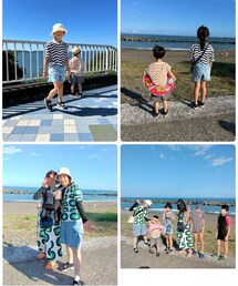 UNIQLO×marimekkoリアルコラボ🍈🌊 | 左上:浜名湖ICにて姉弟リンク 2人とも上下UNIQLO👖 右上:浜当目海水浴場にて。BBQしに来たら今年から火禁止に❌水着も持参したけど着替え面倒くなりこの後海にダイブの👦🏻着替えた😅砂永遠に出てきて手洗いめっちゃ大変だった💦 左下:友人の旦那さん撮影📸足切れてた😅旦那さん撮影あるある😅友人とUNIQLO×marimekkoリンク🍈右下:W親子で📸(その他)