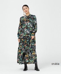 orubia | アニマル柄 ボタニカル柄 ロングフレア マキシ丈 ティアード シャツワンピ  (ワンピース)