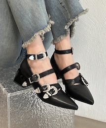 SHEIN | フランス製 厚底 2本ベルトクロスストラップ ゴシック マリージェンローファーヒール クロスストラップ 夏靴 sx2310280189269359  JP25 ブラック(パンプス)