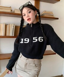 SHEIN | Honeyspot 文字グラフィック ハーフジッパー ドロップショルダー クロップセーター ID sz2310028084913328(ニット/セーター)