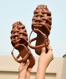 SHEIN | HighSole レトロ ファッション カジュアル ローマ式 フラット サンダル 女性用 ブラウン スクエアトゥ 編み込み ID sx25022824691257285(サンダル)