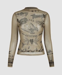 メッシュ マンドリアンカラーグラフィックロングスリーブトップ