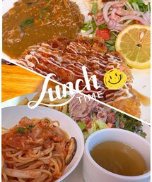 ランチタイム🍝✨ | 旦那はカツカレー、私はツナとキノコのトマトパスタ(アウトドア/スポーツ)