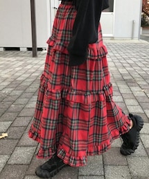 FRIFUL | チェック柄フリルヘム ロングスカート レッド/JP-S（S） ·1,529(スカート)