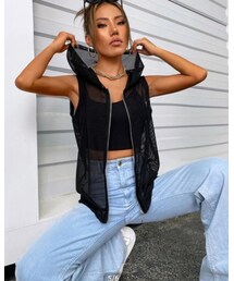 SHEIN | ジッパーアップ フード付き シアーメッシュ キャミトップなし ジャケット(ベスト)