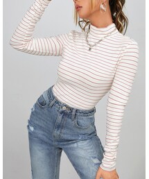 SHEIN |  SHEIN モックネック ストライプティー(Tシャツ/カットソー)