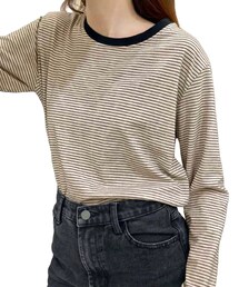 AMELY | クルーネック細ボーダーTシャツ(長袖)(Tシャツ/カットソー)