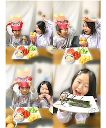 節分巻き寿司パーティー👹🫘 | RENが保育園で作ってきた👹のお面🤭　　　　　　　　　　豆まきの代わりにプチシュー投げ🤣　　　　　　　　　巻き寿司作って楽しかったです🥰(カチューシャ)