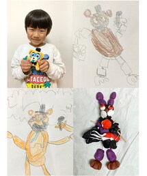 ぬり絵＆工作🐰🎸💜 | 絵も工作も1人で集中してどんどんやってる🫨模写が上手くなってきた5歳👦🏻雑貨屋さんに中身シークレットのFNaFマスコットチャームを売ってて見事フレディ🐻を当てた人🥳🎉(フィギュア)