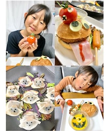 モンスターたち👻 | 付け合わせの🍅までモンスターに変身👻　　　　　　　　ケチャップで吐血させたり🥫🩸楽しみました😂(食器)