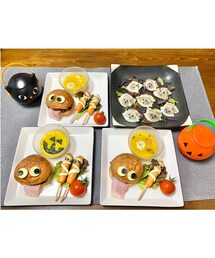 ハロウィンご飯🎃🍽️ | 今年はSARAと一緒に作りました👻💕　　　　　　　　料理と言うより工作です🎃✨　　　　　　　　　　　　スープに👻と🦇浮いてます🤗🪄(食器)